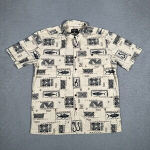 Quiksilver Waterman Shirt Mens Large Brown Floral Fish All‎ Over Beach Casual